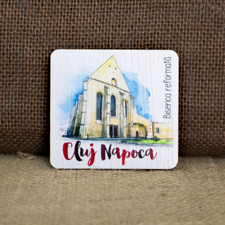 Magnet de frigider din lemn, acuarela, "Biserica reformata" Cluj Napoca