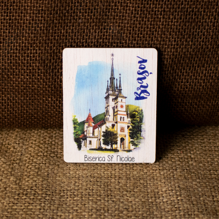 Brasov - Magnet de frigider din lemn, acuarela, "Biserica Sf. Nicolae" Brasov