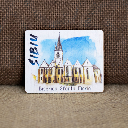 Sibiu - Magnet de frigider din lemn, acuarela, Biserica Sfanta Maria Sibiu