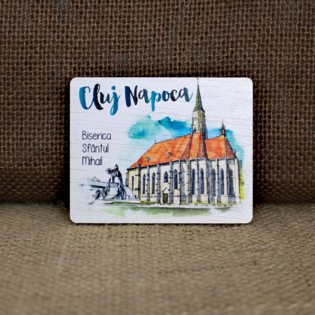 Magnet de frigider din lemn, acuarela. “Biserica Sfantul Mihail” Cluj Napoca