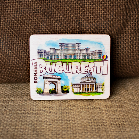 Colectii suveniruri - Magnet De Frigider Din Lemn, acuarela, Bucuresti (Arcul de Triumf, Ateneul Roman, Palatul Parlamentului)