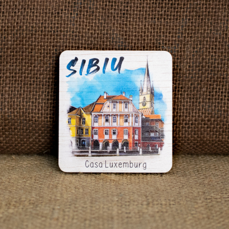 Sibiu - Magnet de frigider din lemn, acuarela, Casa Luxemburg, Sibiu