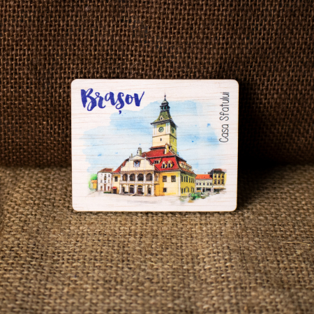 Brasov - Magnet de frigider din lemn, acuarela, "Casa Sfatului" Brasov