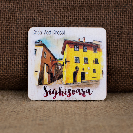 Sighisoara - Magnet de frigider din lemn, acuarela, "Casa Vlad Dracul, Sighisoara"