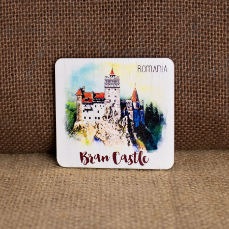 Castelul Bran - Magnet de frigider din lemn, acuarela, Castelul Bran
