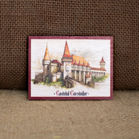 Castelul Corvinilor Hunedoara - Magnet de frigider, din lemn, acuarela, Castelul Corvinilor Hunedoara