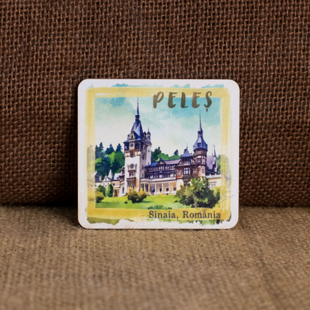 Cetati si Castele - Magnet de frigider din lemn, acuarela, Castelul Peles, Sinaia