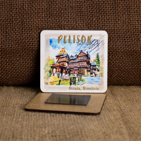 Magnet de frigider din lemn, acuarela, Castelul Pelisor, Sinaia [1]
