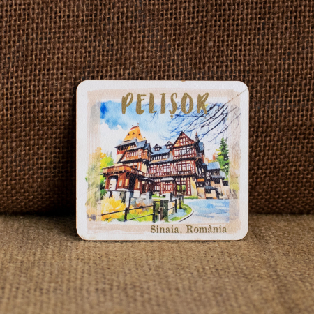Cetati si Castele - Magnet de frigider din lemn, acuarela, Castelul Pelisor, Sinaia