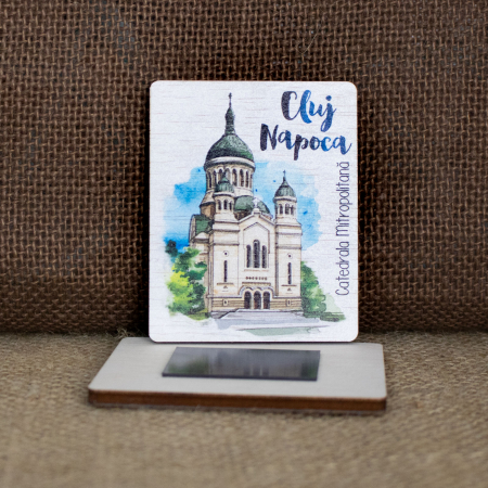 Magnet de frigider din lemn, acuarela,  "Catedrala Mitropolitana" Cluj Napoca [1]