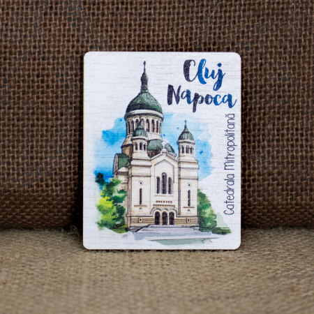 Magnet de frigider din lemn, acuarela,  "Catedrala Mitropolitana" Cluj Napoca