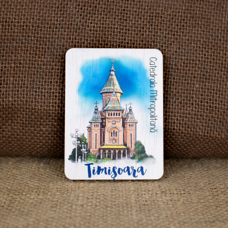 Timisoara - Magnet de frigider din lemn, acuarela, Catedrala Mitropolitana Timisoara