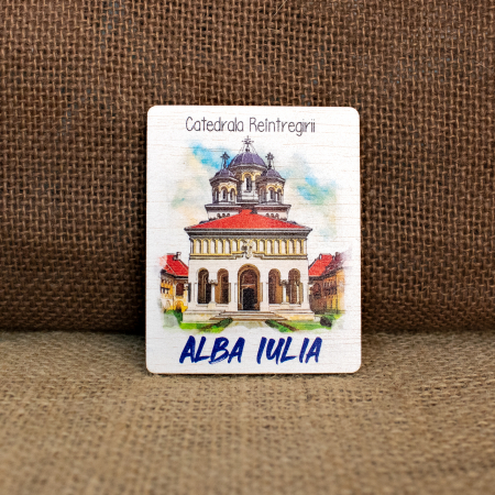 Cetatea Alba Carolina - Magnet de frigider din lemn, acuarela Catedrala Reintregirii Neamului Alba Carolina, Alba Iulia