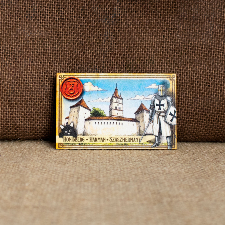 Biserica Evanghelica Fortificata Harman - Magnet de frigider din lemn, acuarela, Cavaler Teuton - Biserica Evanghelica Fortificata, Harman