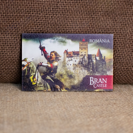Castelul Bran - Magnet de frigider din lemn, acuarela, "Cavaleri", Castelul Bran