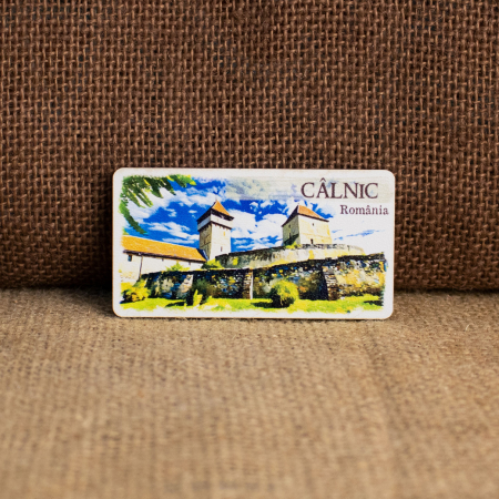 Magnet de frigider din lemn, acuarela, Cetatea Taraneasca Calnic, Sebes, judetul Alba [1]