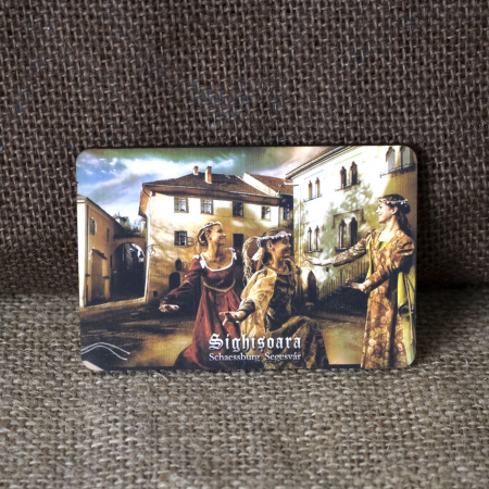 Sighisoara - Magnet de frigider din lemn, acuarela, "Domnite dansand in Cetatea Sighisoara"