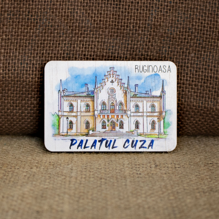 Palate si Curti Domnesti - Magnet de frigider din lemn, acuarela, Palatul Cuza de la Ruginoasa