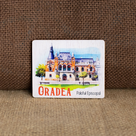 Oradea - Magnet de frigider din lemn, acuarela,  "Palatul Episcopal" Oradea