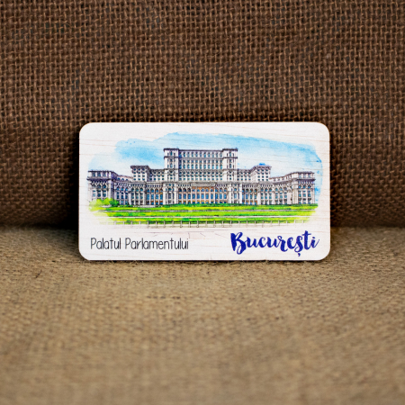 Colectii suveniruri - Magnet de frigider din lemn, acuarela, Palatul Parlamentului, Bucuresti