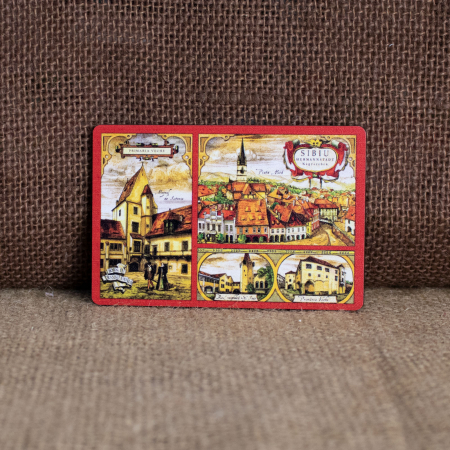 Sibiu - Magnet de frigider din lemn, acuarela, Piata Mica, Sibiu Medieval