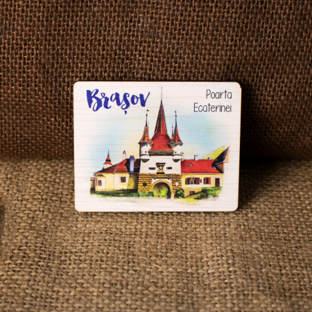 Brasov - Magnet de frigider din lemn, acuarela, "Poarta Ecaterinei Brasov