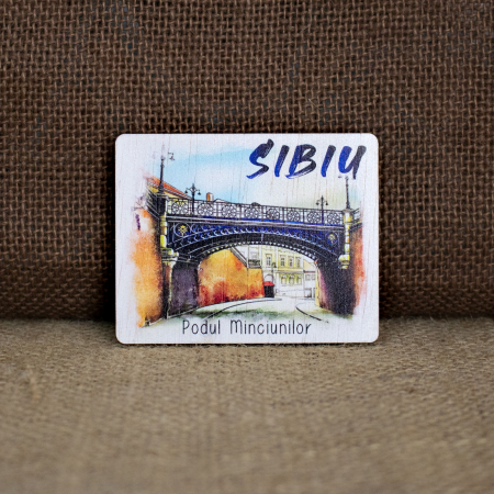 Sibiu - Magnet de frigider din lemn, acuarela, Podul Minciunilor Sibiu