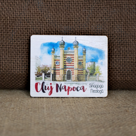 Magnet de frigider din lemn, acuarela, "Sinagoga Neologa" Cluj Napoca