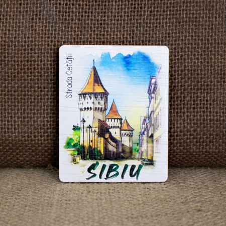 Sibiu - Magnet de frigider din lemn, acuarela, Strada Cetatii Sibiu