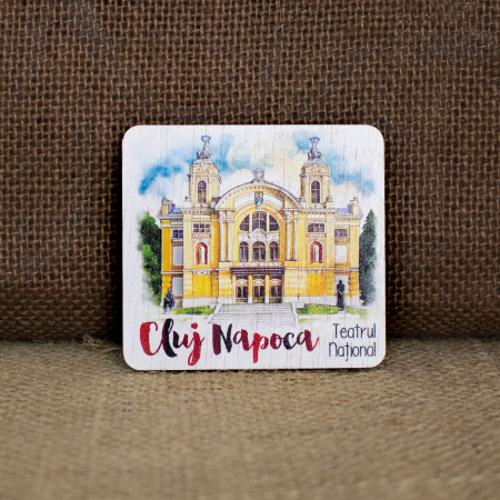 Magnet de frigider din lemn, acuarela “Teatrul National” Cluj Napoca