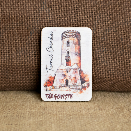 Palate si Curti Domnesti - Magnet de frigider din lemn, color, vintage, Turnul Chindiei, Targoviste