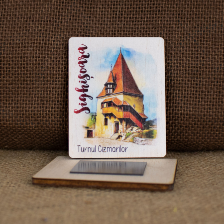 Magnet de frigider din lemn, acuarela, "Turnul Cizmarilor, Sighisoara" [1]
