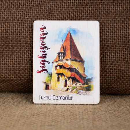 Sighisoara - Magnet de frigider din lemn, acuarela, "Turnul Cizmarilor, Sighisoara"