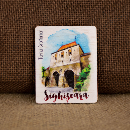 Sighisoara - Magnet de frigider din lemn, acuarela, "Turnul Croitorilor, Sighisoara"