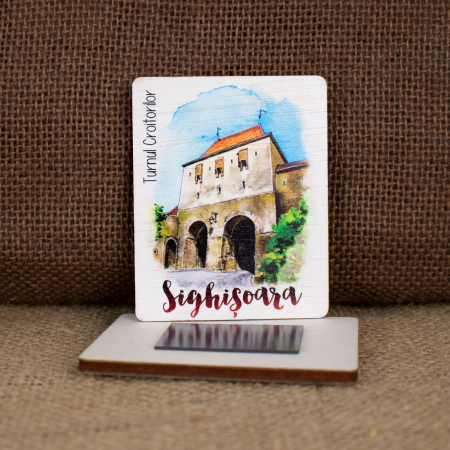 Magnet de frigider din lemn, acuarela, "Turnul Croitorilor, Sighisoara" [1]