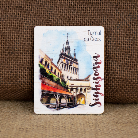 Sighisoara - Magnet de frigider din lemn, acuarela, "Turnul cu Ceas, Sighisoara"