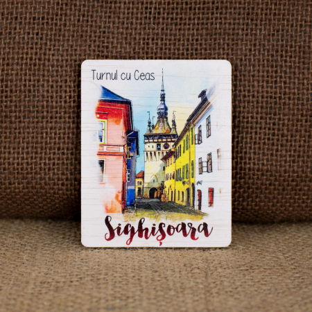 Sighisoara - Magnet de frigider din lemn, acuarela, "Turnul cu Ceas, Sighisoara"