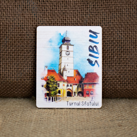 Sibiu - Magnet de frigider din lemn, acuarela, Turnul Sfatului Sibiu
