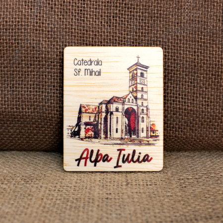 Cetatea Alba Carolina - Magnet de frigider din lemn, acuarela vintage "Biserica Sfantul Mihail" Cetatea Alba Carolina, Alba Iulia