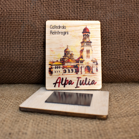 Magnet de frigider din lemn, acuarela vintage, Catedrala Reintregirii Neamului Alba Carolina, Alba Iulia [1]