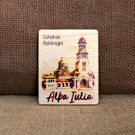 Cetatea Alba Carolina - Magnet de frigider din lemn, acuarela vintage, Catedrala Reintregirii Neamului Alba Carolina, Alba Iulia