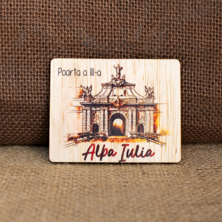 Cetatea Alba Carolina - Magnet de frigider din lemn, acuarela vintage "Poarta a III-a" Cetatea Alba Carolina, Alba Iulia