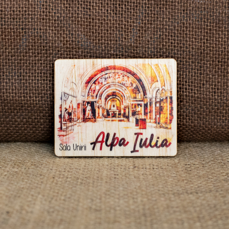 Cetatea Alba Carolina - Magnet de frigider din lemn, acuarela, vintage, Sala Unirii, Alba Iulia