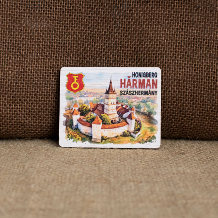 Colectii suveniruri - Magnet de frigider din lemn, Biserica - Cetate Fortificata, Harman