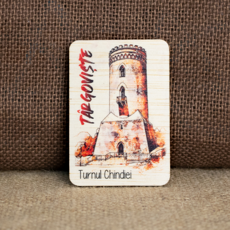 Magnet de frigider din lemn, color vintage, Turnul Chindiei, Targoviste