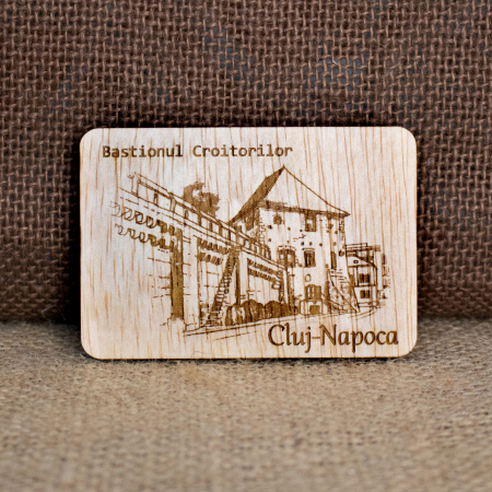 Magnet de frigider din lemn, gravat,  "Bastionul Croitorilor" Cluj Napoca