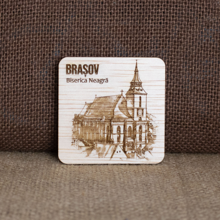Brasov - Magnet De Frigider din lemn, gravat „Biserica Neagra” Brasov