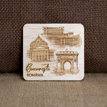 Magnet De Frigider Din Lemn, gravat, Bucuresti (Arcul de Triumf, Ateneul Roman, Palatul Parlamentului)