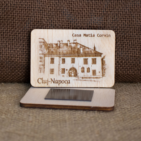 Magnet De Frigider din lemn, Gravat “Casa Matia Corvin” Cluj Napoca [1]