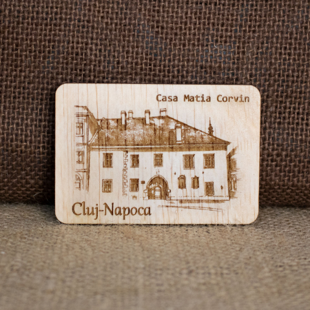 Magnet De Frigider din lemn, Gravat “Casa Matia Corvin” Cluj Napoca
